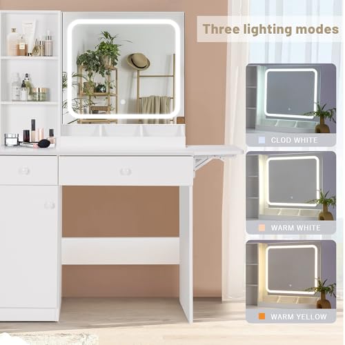 White Vanity Desk with Mirror and LED Lights F6503