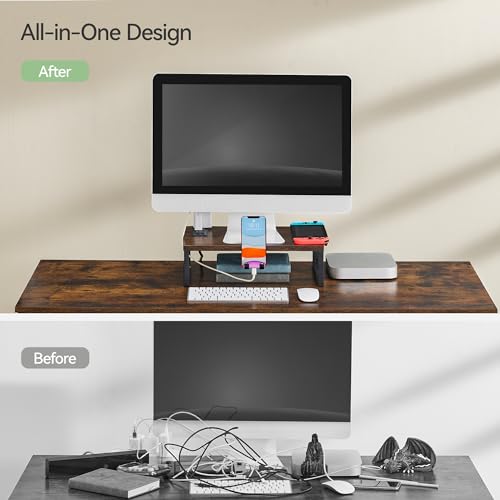 Monitor Stand Riser with Charging, Adjustable Computer Desk Organizer with Phone Holder H132
