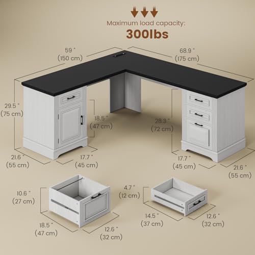 White L Shaped Desk with File Drawer and Power Outlet C50752