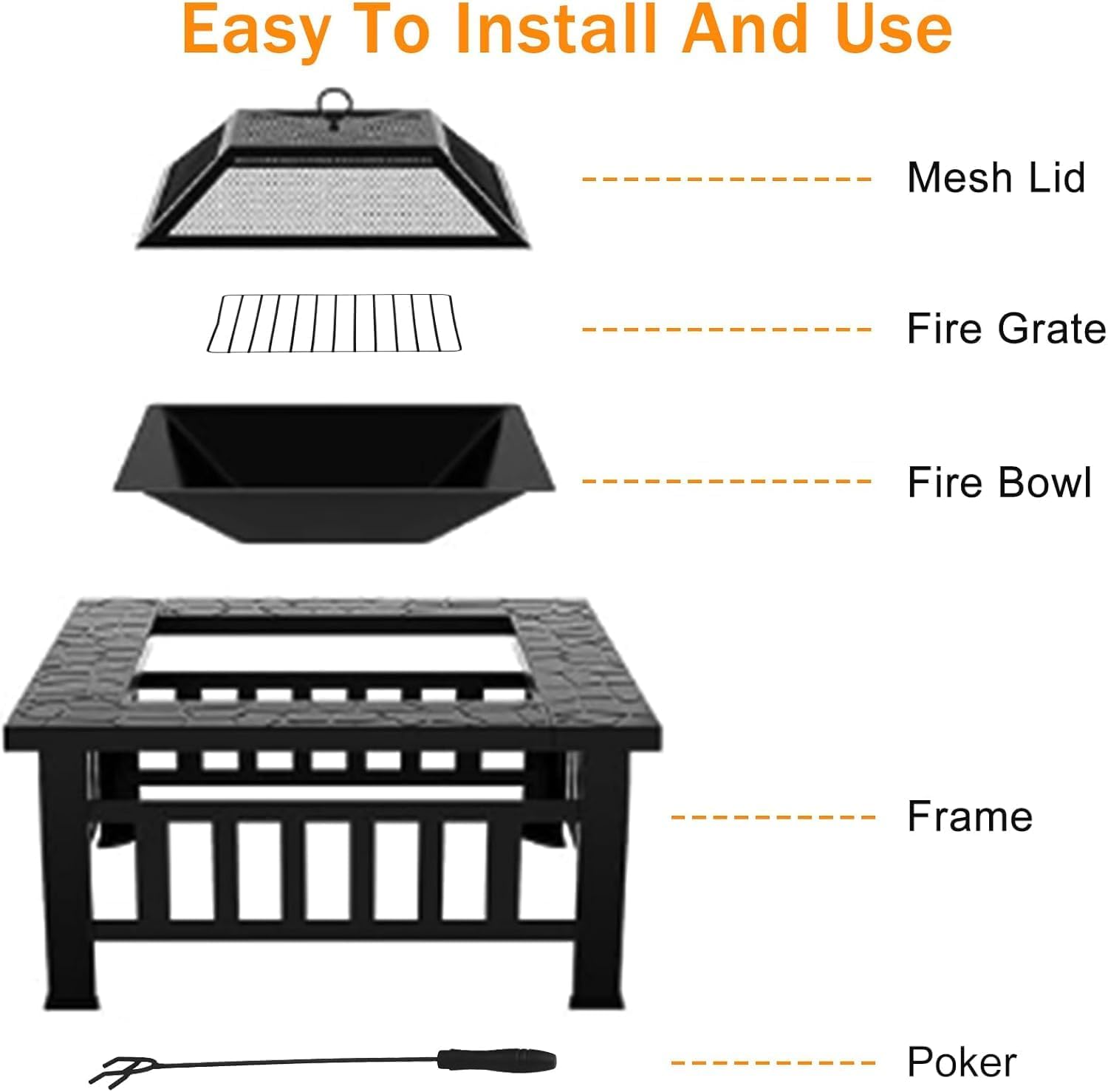 32in Square Black Metal Fire Pit F598905