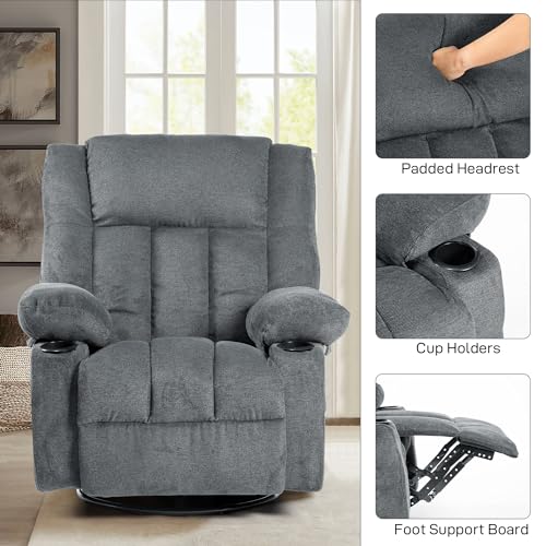 Recliner Chair Massage Fabric Recliners with Heated, 360 Degree Swivel Single Sofa with Cup Holders and Side Pockets Rocking Chair T54270