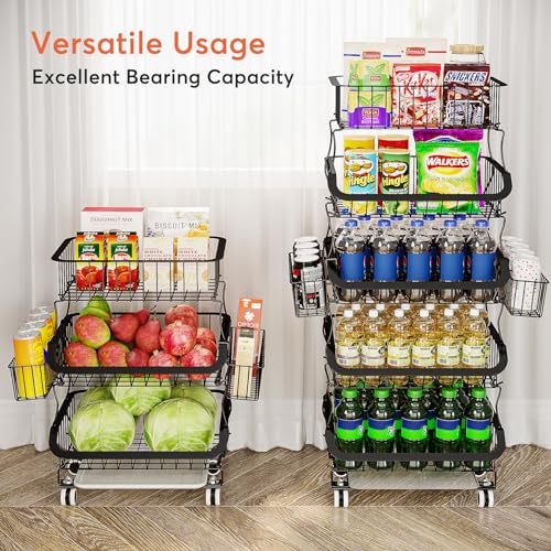 5 Tier Stackable Metal Wire Basket Cart with Rolling Wheels W399521