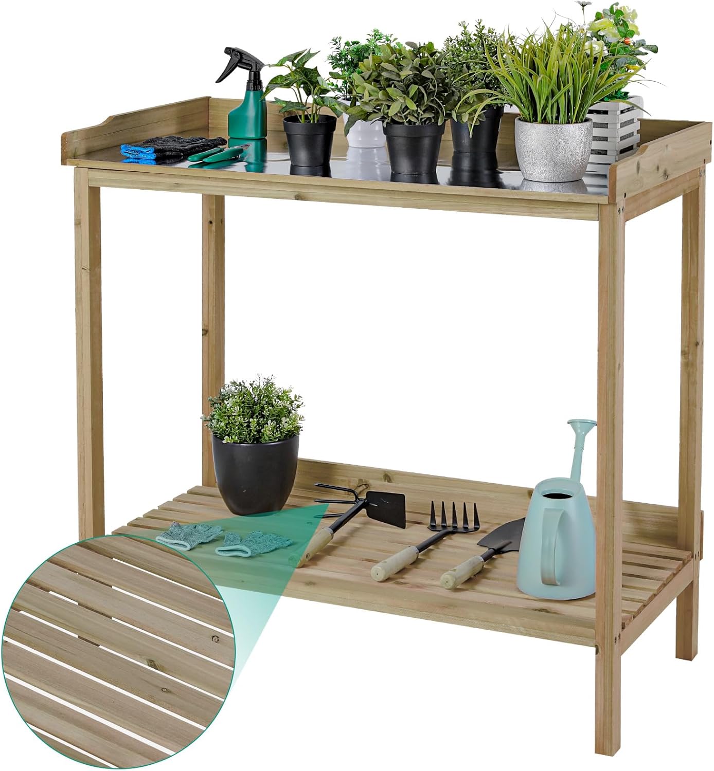 Natural Wood Potting Bench with Galvanized Iron Tabletop I853