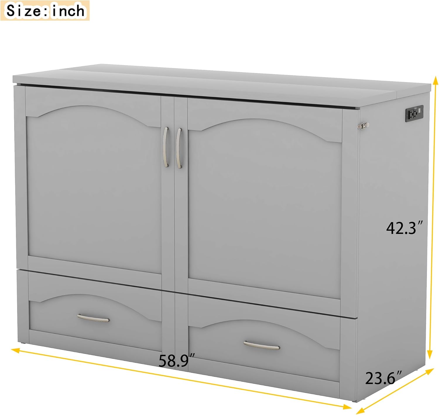 Gray Full Size Murphy Cabinet Bed with Built-in Charging Station H1161