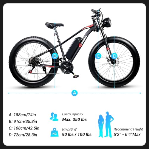 26" x 4.0 Fat Tire Electric Bike, 500W (Peak 750W) 36V 10.4Ah Lithium Battery, 25MPH, 21-Speed H126860