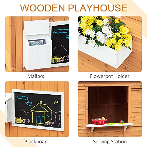 Wooden Playhouse with Working Door, Windows, Mailbox, Bench, Flowers Pot Holder, 48" x 42.5" x 53" Q180