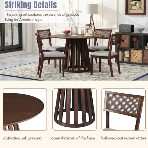5-Piece Wood Dining Table Set with 4 Upholstered Chairs, Walnut O361