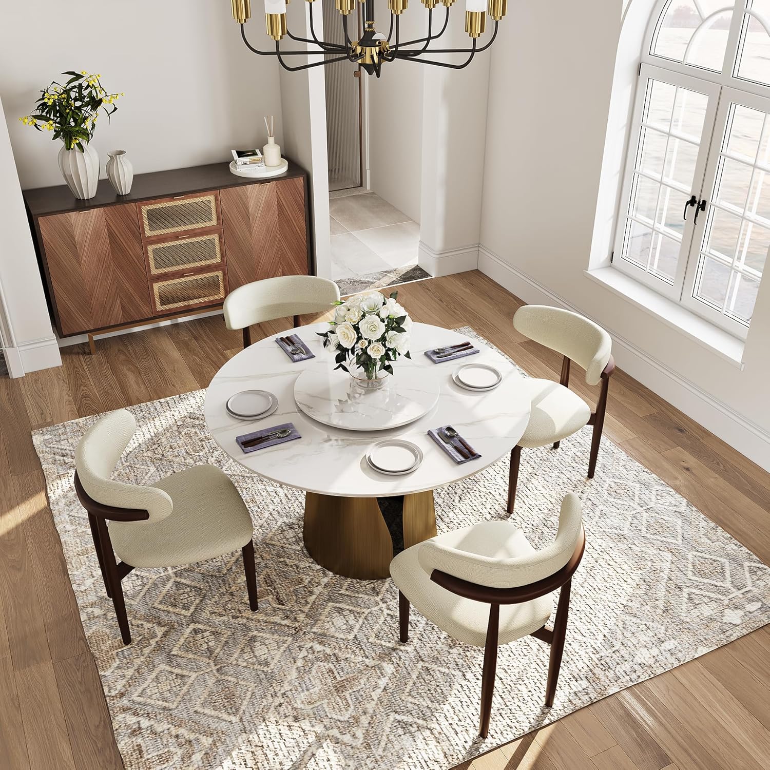 51" Glossy White Sintered Stone Top Round Dining Table with Lazy Susan L330904