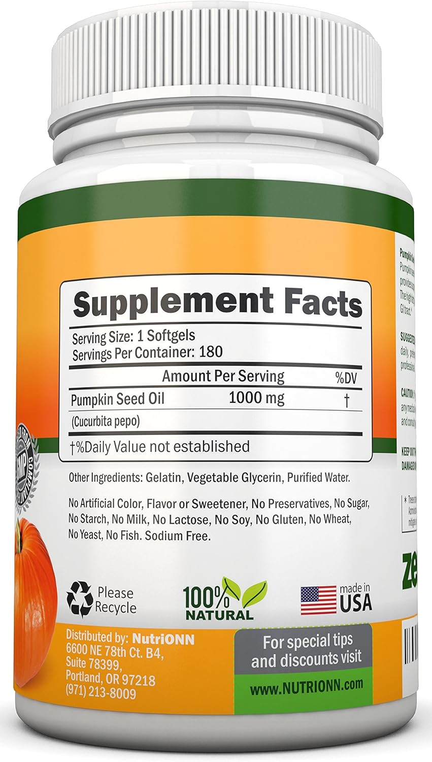 Cold-Pressed Natural Pumpkin Seed Oil 1000mg 180 Softgels J889779