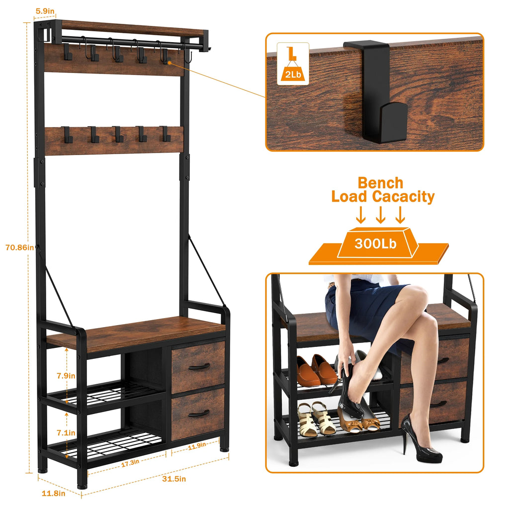 Rustic Brown 4 in 1 Entryway Hall Tree Coat Rack with Shoe Storage Bench 17 Hooks 2 Drawers F621