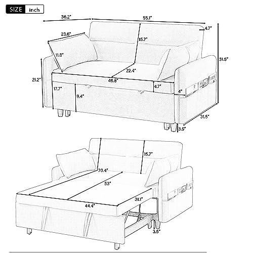 Gray 3 in 1 Convertible Sleeper Sofa Futon Couch Pullout Bed with Storage Pockets Y651277