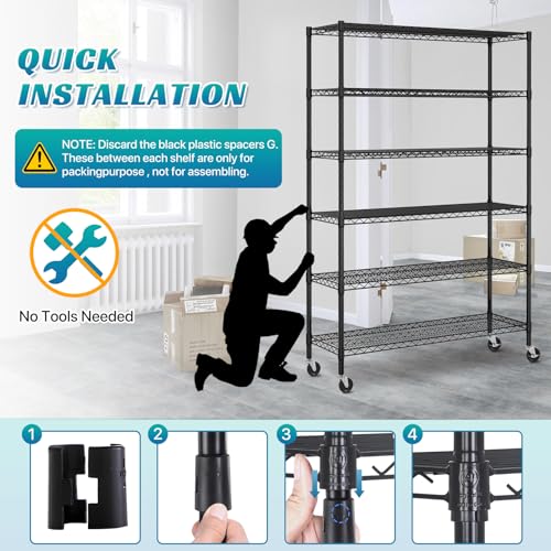Black 6 Tier Steel Wire Shelving Unit with Wheels C784