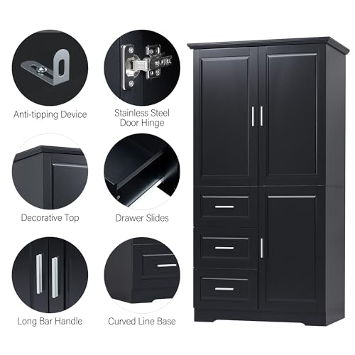 White 3 Door Tall Storage Cabinet with Adjustable Shelves and 3 Drawers H628