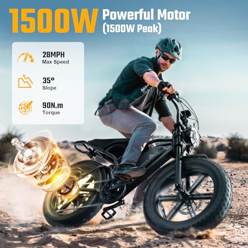 1500W Peak Brushless Motor 28 MPH 60 Miles Fat Tire E Bike with 48V 15Ah Removable Battery 20" Electric Dirt Bike Hydraulic Suspension 7-Speed W321