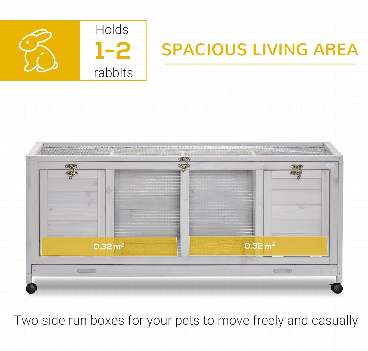Light Gray Wooden Rabbit Hutch with Wheels and Removable Trays D2553