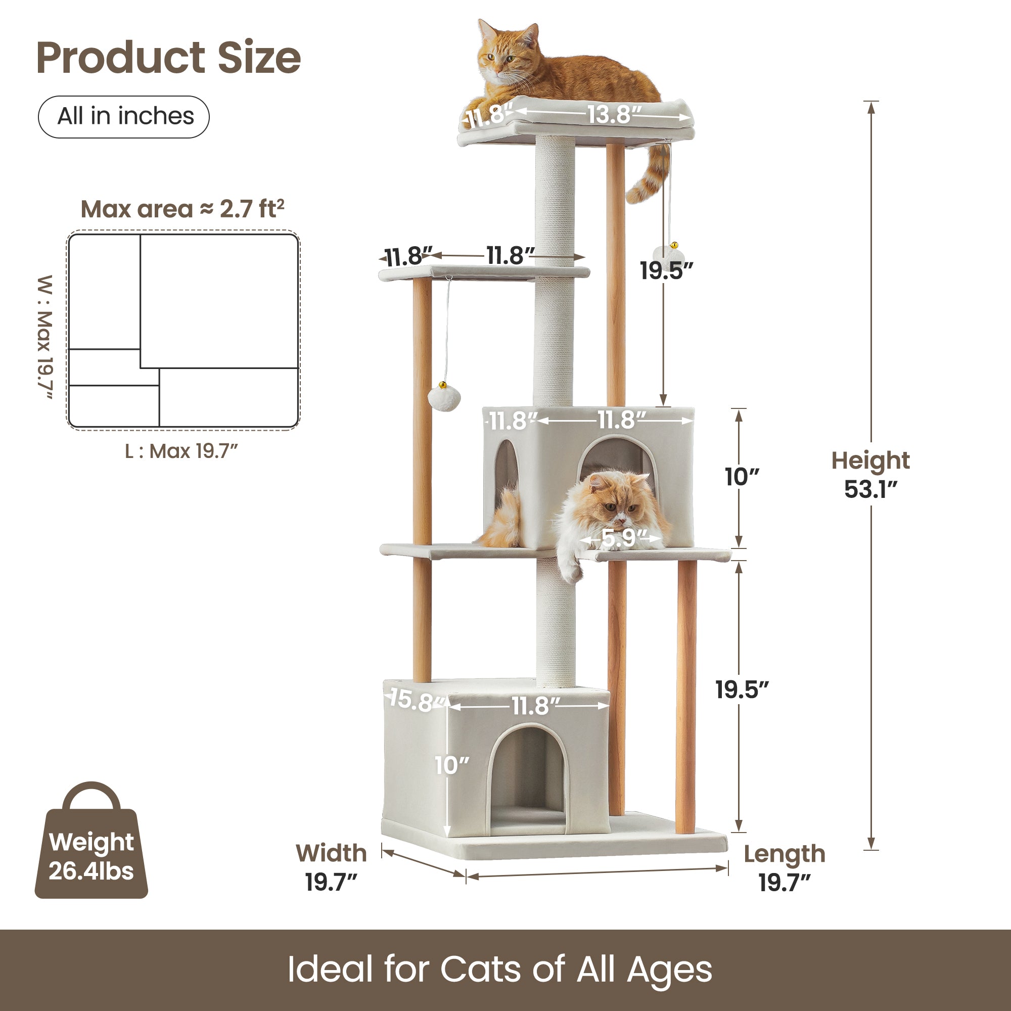 Beige Multi-Level Wood Cat Tree with 2 Condos and Perch Y966