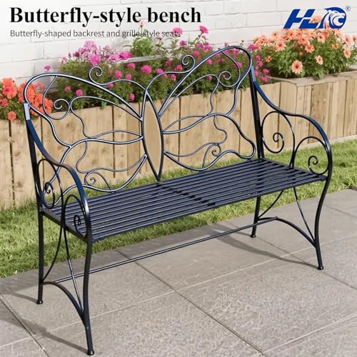 Black Cast Iron Metal Outdoor Bench with Armrests W314
