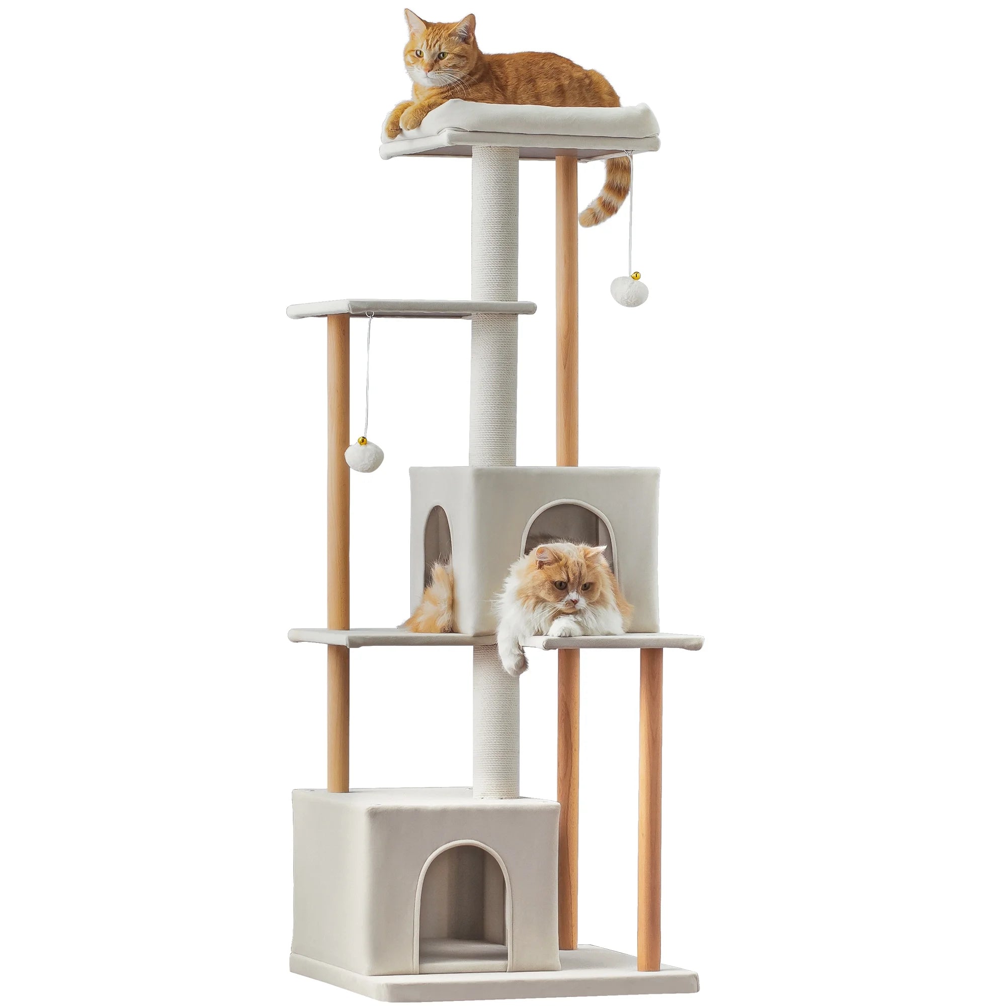 Beige Multi-Level Wood Cat Tree with 2 Condos and Perch Y966