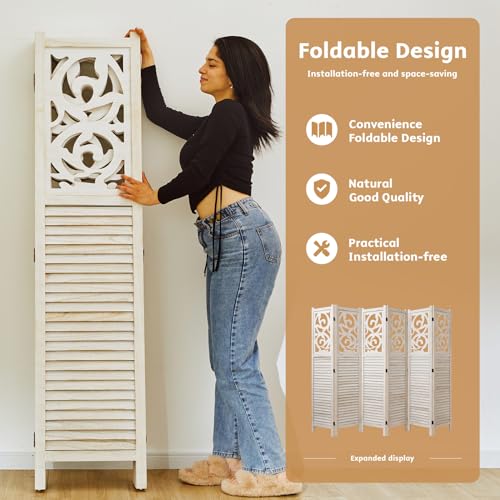 6 Panels Wood Carved Privacy Screens (White-Washed) U55721
