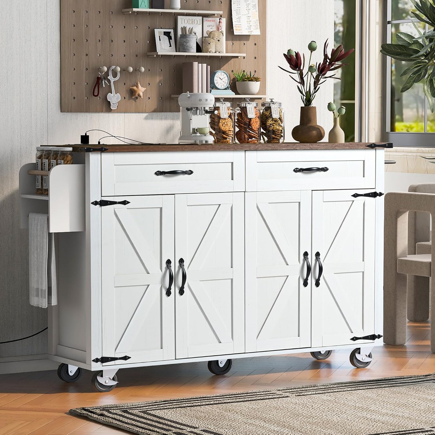 White Kitchen Island with Power Outlet and Drop Leaf Y6211