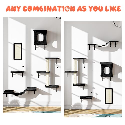 Gray 7 Pcs Cat Wall Shelves with House, Tunnel, Bridge, Steps, Scratcher, Hammock, Bed P73120