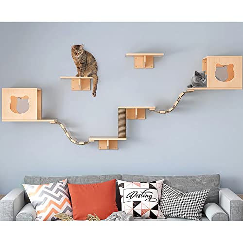 Pine Wooden Cat Wall Shelves with Scratching Post G940953