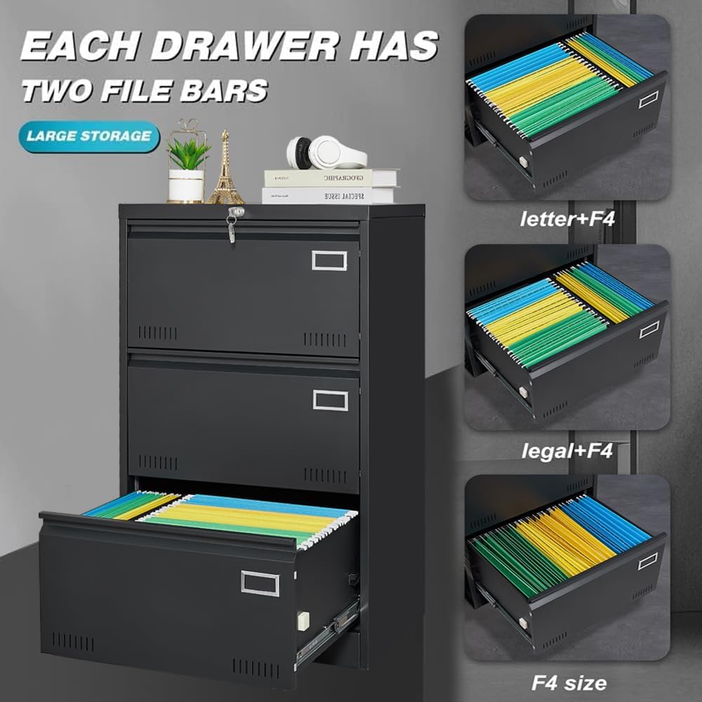 Black 3 Drawer Metal Lateral File Cabinet V964