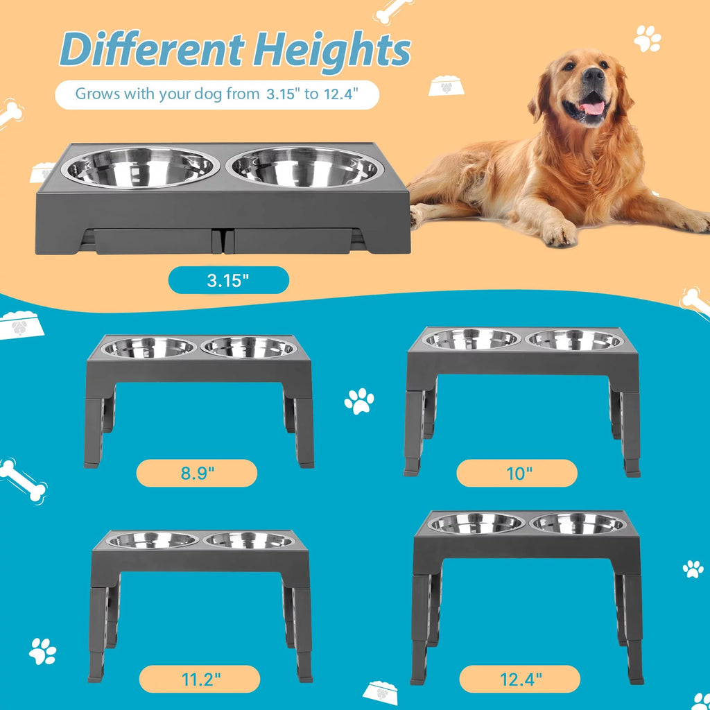 Elevated Dog Bowls Stand with 2 Stainless Steel Dishes, Raised Dog Bowl Adjusts to 5 Heights (Gray) E582