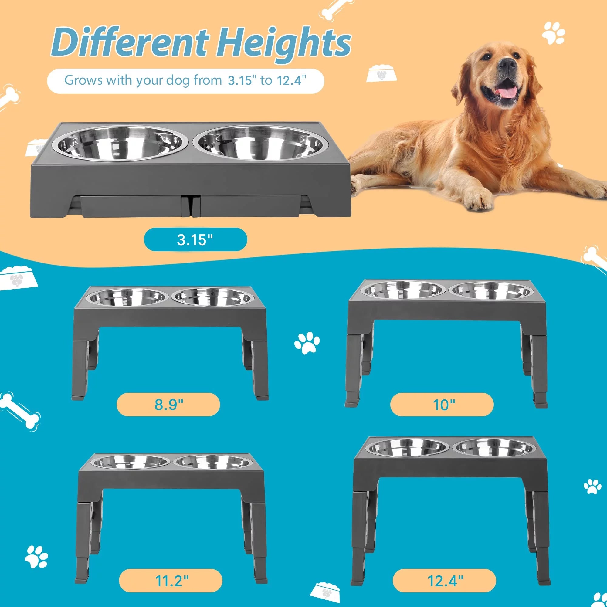 Elevated Dog Bowls Stand with 2 Stainless Steel Dishes, Raised Dog Bowl Adjusts to 5 Heights (Gray) E582