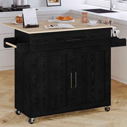 Black Rolling Kitchen Island with Storage and Drop Leaf O127450