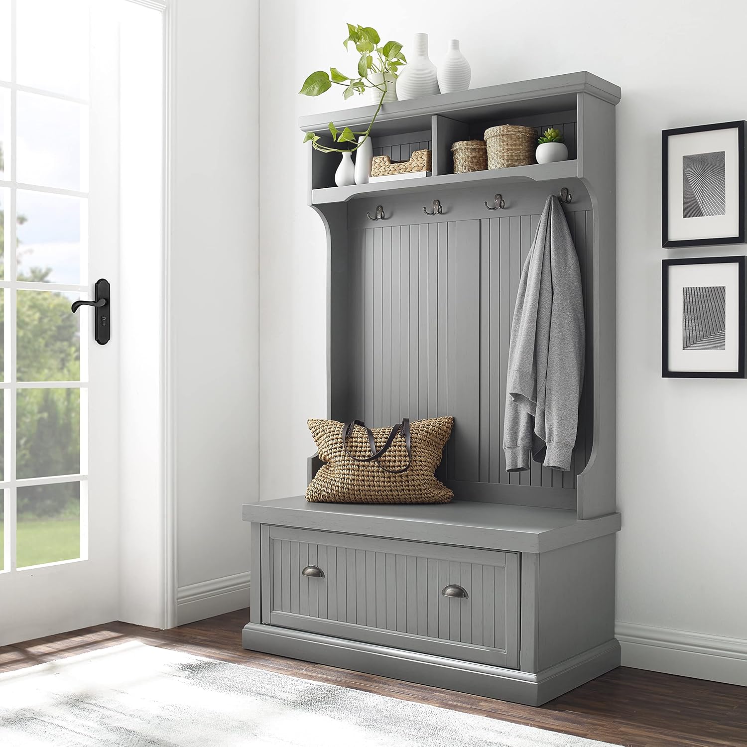 Distressed Gray Hall Tree with Coat Rack and Shoe Cabinet L780441