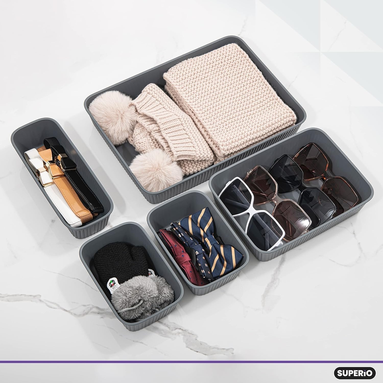Grey Plastic Desk Drawer Organizer Tray Set of 4 Q35856