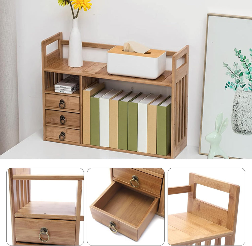 Natural Bamboo Desk Shelf Organizer with 3 Drawers F1705