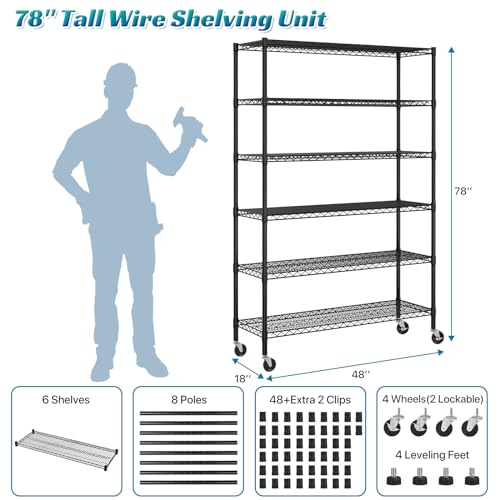 Black 6 Tier Steel Wire Shelving Unit with Wheels C784