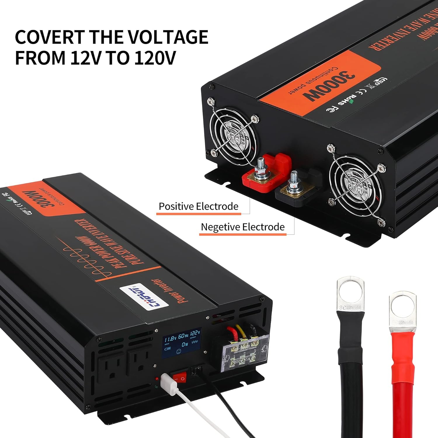 3000W Pure Sine Wave Power Inverter DC 12V to AC 120V with LCD Digital Display Remote Control USB Port Q28126