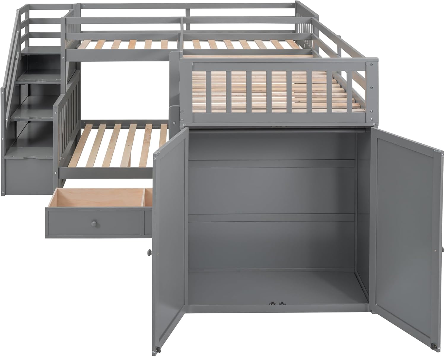 Gray Wooden Triple Bunk Bed with Desk, Storage Drawers, Stairs and Wardrobe B4761