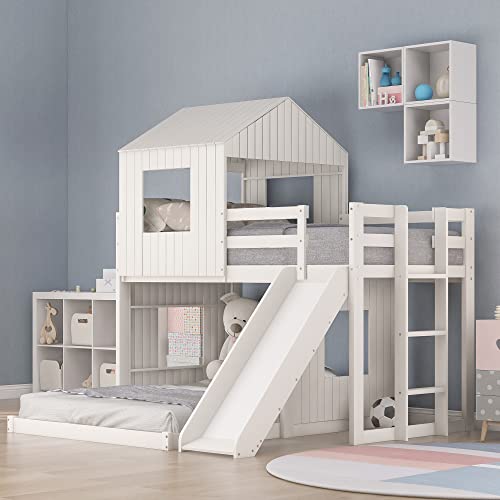 White Twin Over Full Size Wooden Bunk Beds with Slide J48714