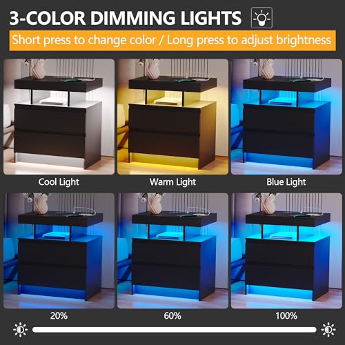 Black Nightstand with Drawers and Wireless Charging Station A2405