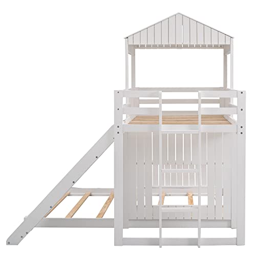 White Twin Over Full Size Wooden Bunk Beds with Slide J48714