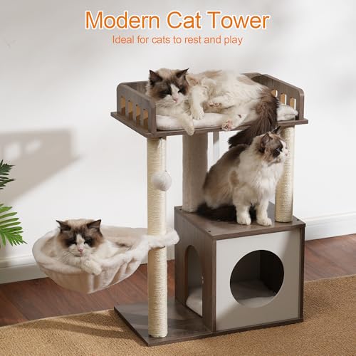 Rustic Brown Wooden Cat Tree with 3 Scratching Posts U357297