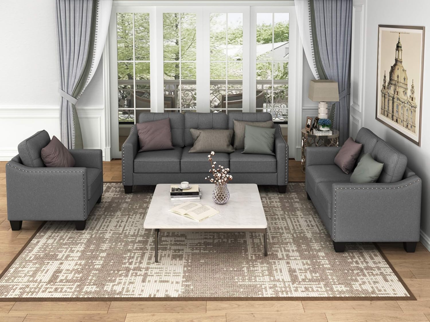 Retro Gray Linen Fabric 3 Piece Sofa Set Q666