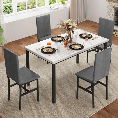 Dining Table Set for 4 with Faux Marble Tabletop and 4 PU Leather Chairs J936