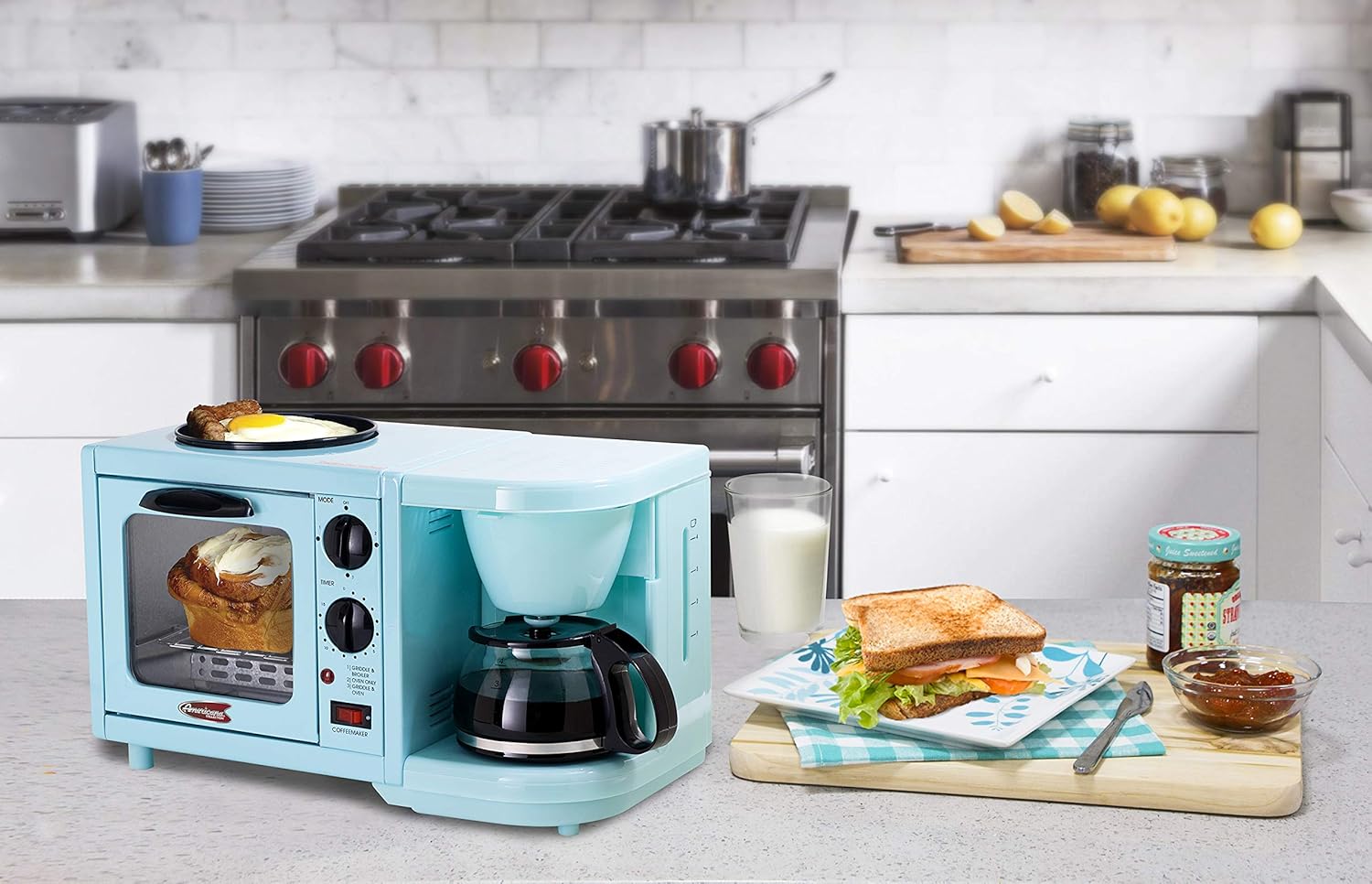 Aqua 3-in-1 Breakfast Maker Station with 4 Cup Coffeemaker and Toaster Oven E278