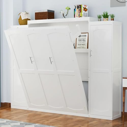 White Queen Size Foldable Platform Bed with 2 Wardrobe and Storage Shelf D68894
