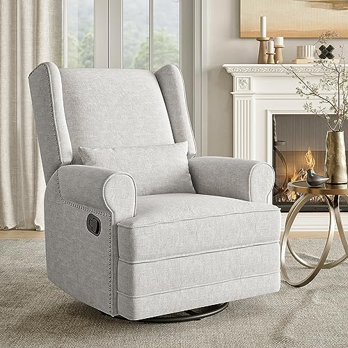 Beige Swivel Nursery Glider Recliner with Lumbar Pillow and Footrest K5166
