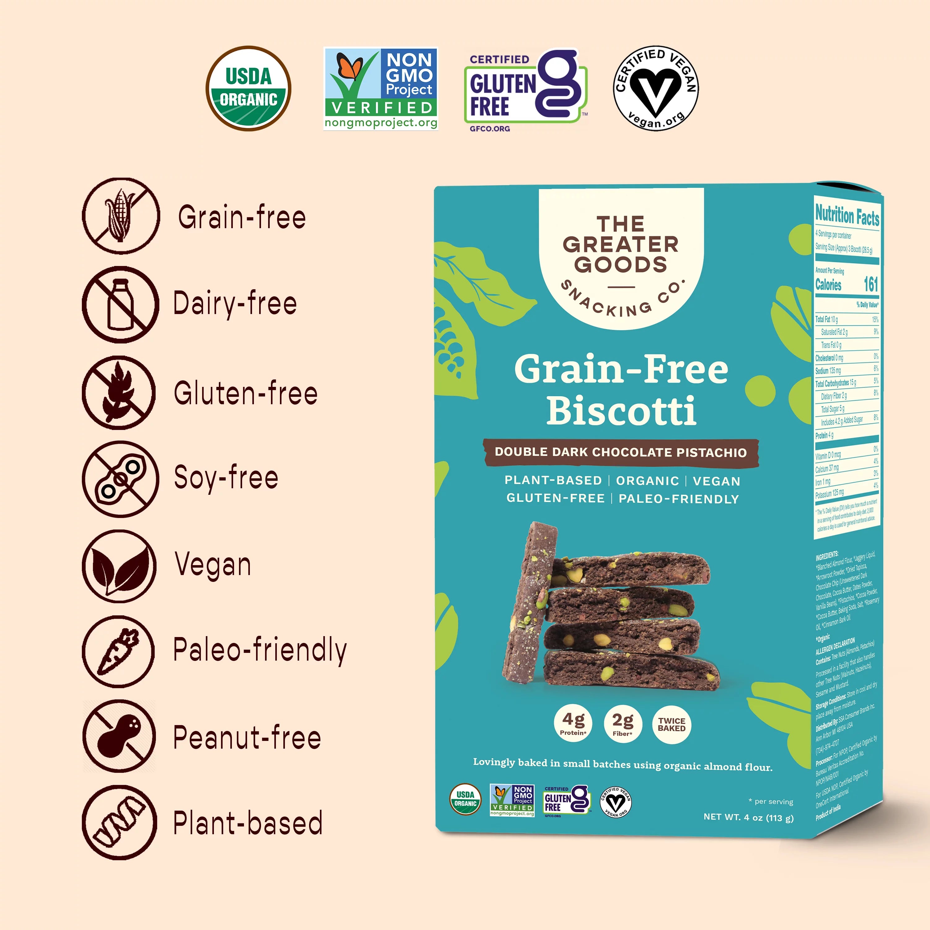 Gluten Free Double Dark Chocolate Pistachio Biscotti Cookies, 4oz, 6 Boxes Y1598