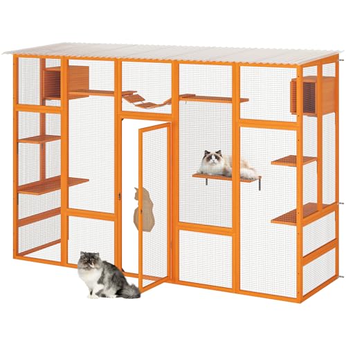 Orange Wooden Cat Enclosure with Large Door, Waterproof Roof, 104" L Extra Wide L43032