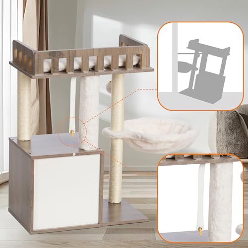 Rustic Brown Wooden Cat Tree with 3 Scratching Posts U357297