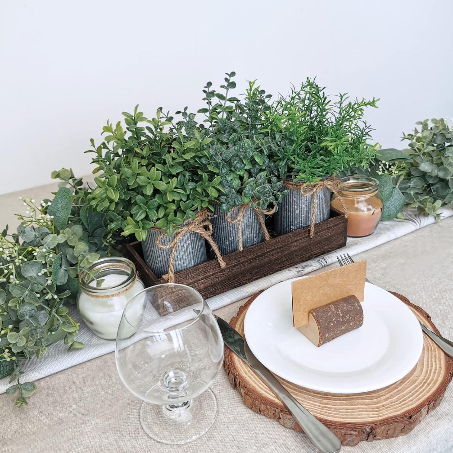 Set of 3 Mini Faux Potted Plants in Rustic Galvanized Metal Pots with Rectangle Wood Box U480