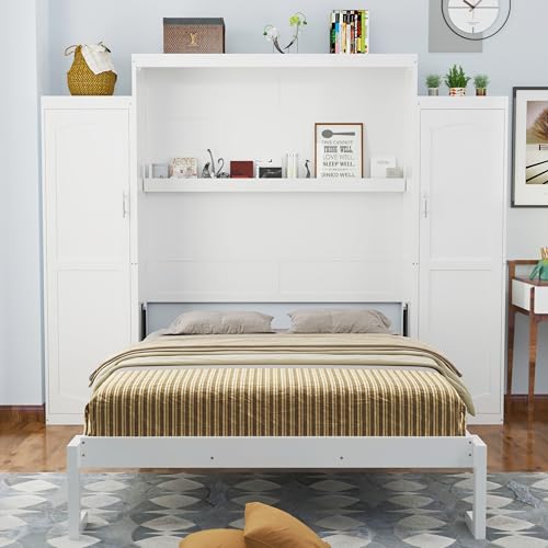 White Queen Size Foldable Platform Bed with 2 Wardrobe and Storage Shelf D68894